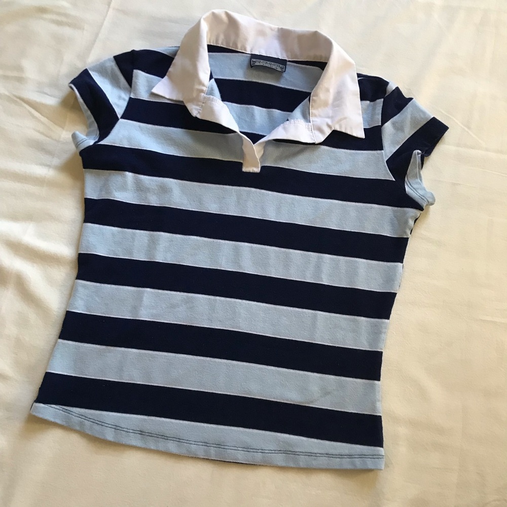 DOWNEAST Preppy Polo Style Blue Striped Shirt, Fitted, Crop Top, Stretchy